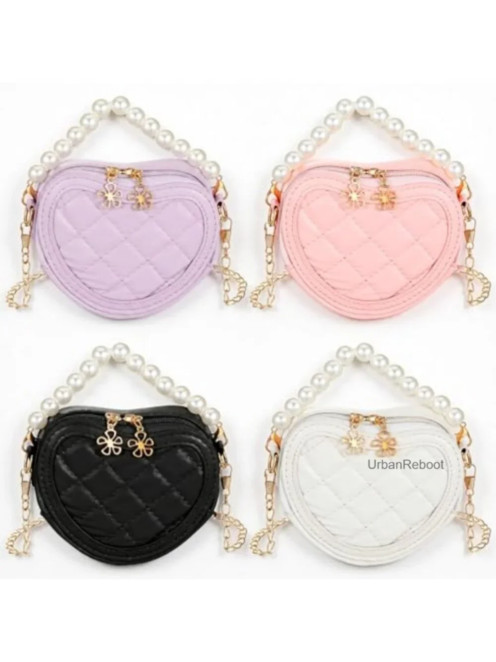4 PCS Little Girl Heart Shaped Crossbody Bag PU Pearl Handle Princess Handbag